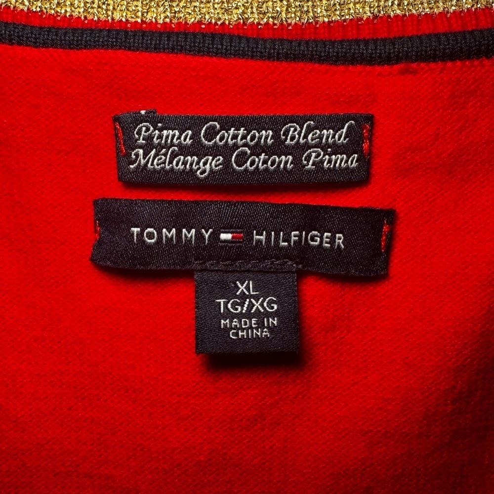 Tommy Hilfiger Red V-Neck Sweater with Gold Metallic Trim – Size XL - Picture 5 of 7